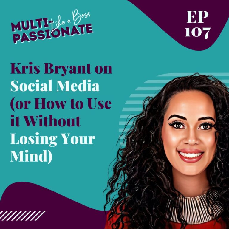 Tan woman with curly black hair on a turquoise background next to the title: Kris Bryant on Social Media (or How to Use it Without Losing Your Mind)