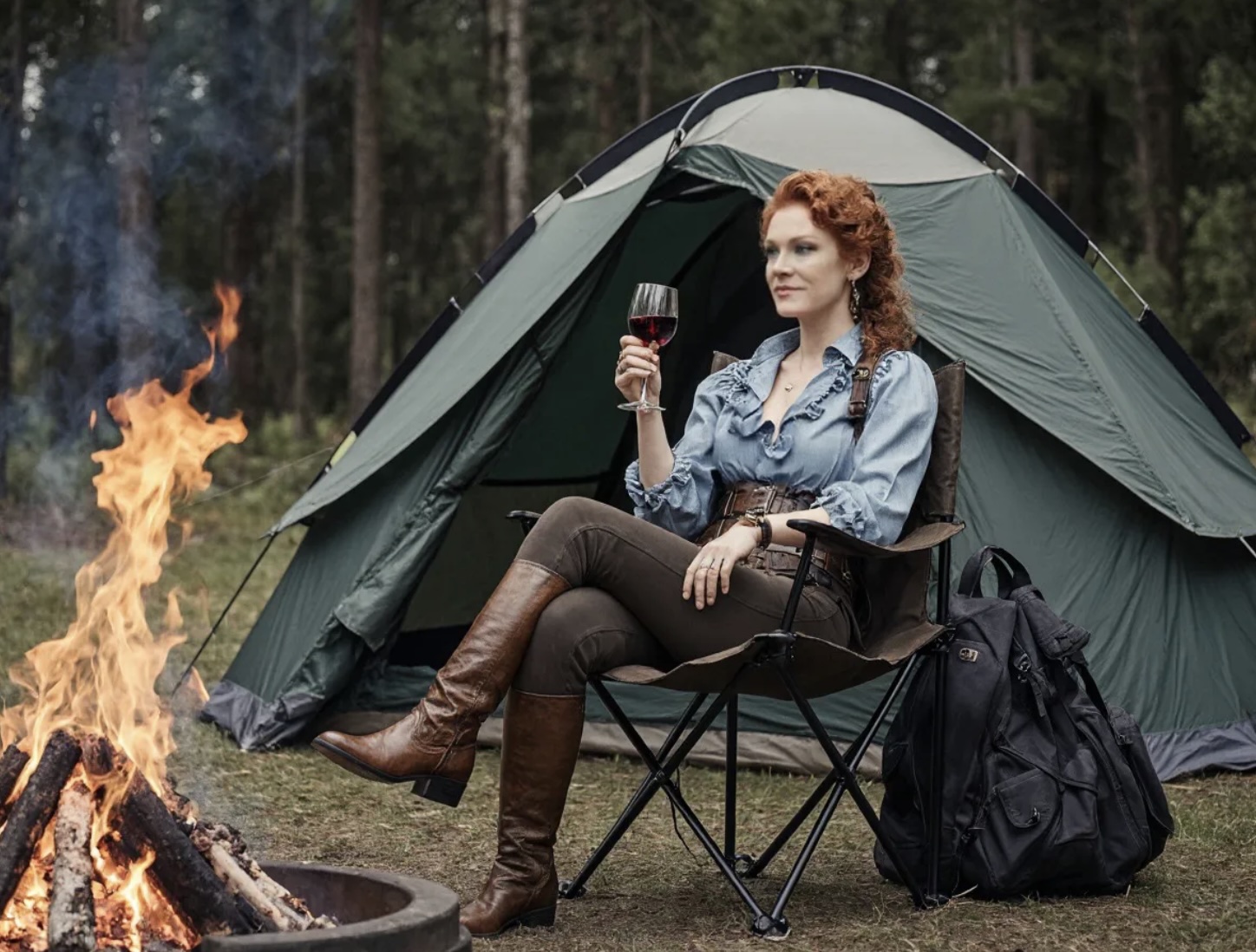 Woman with red hair sits relaxed in a camping chair beside a campfire, holding a glass of red wine in one hand. A green tent and a black backpack are behind her, and she appears calm and content in the forest setting.