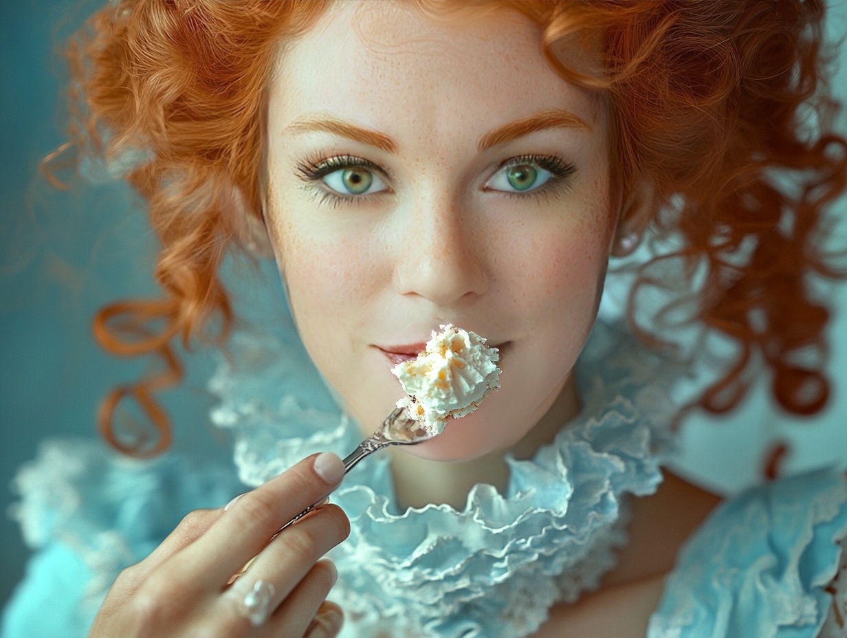 A red headed woman with curly hair eating a bite of cake