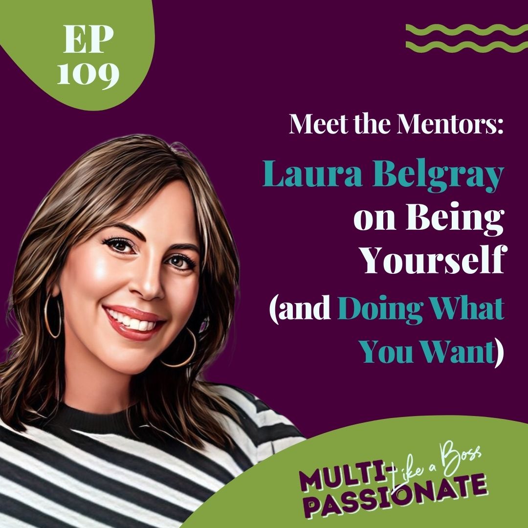 Brunette in a black and white striped top against a purple background next to a title that reads: Laura Belgray on Being Yourself and Doing What You Want