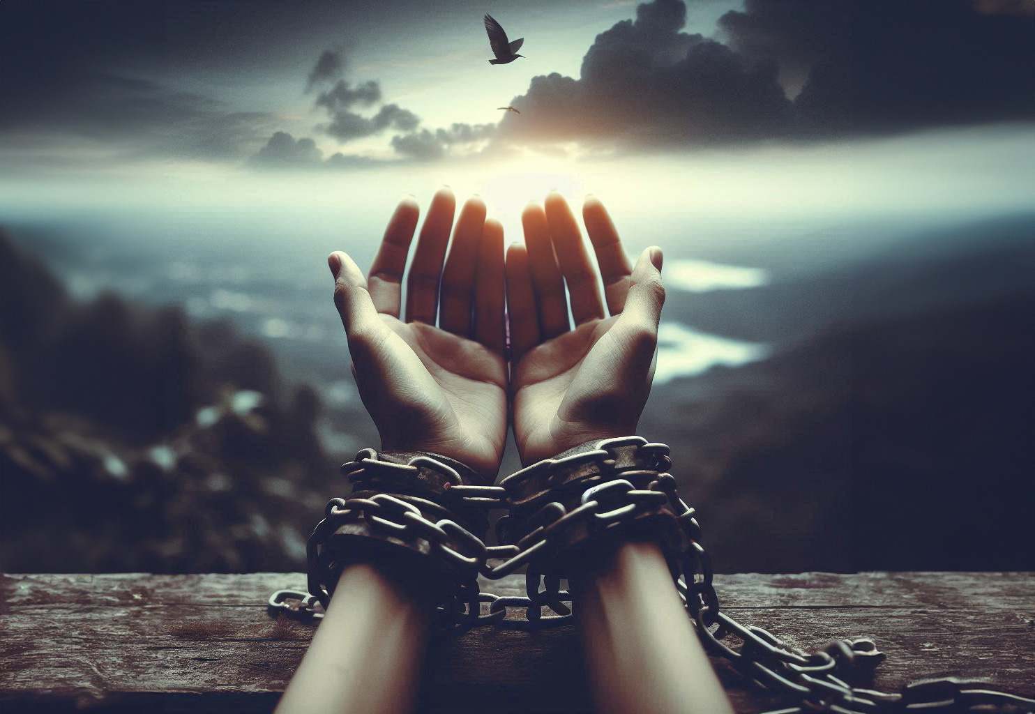 Hands bound in chains reaching for the sky representing the limits caused by automatic negative thoughts