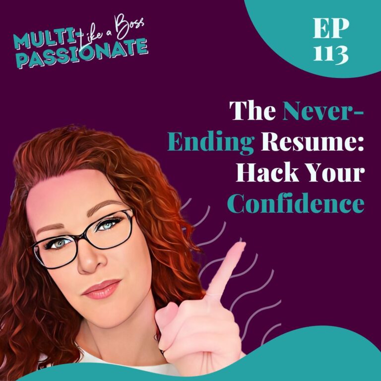 Red-headed woman with glasses pointing to the words "The Never-Ending Resume: Hack Your Confidence"