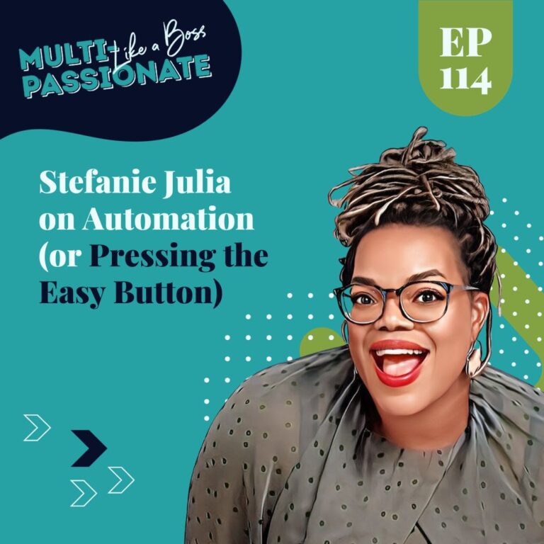 A light-skinned African American woman with red lipstick smiling next to a title reading: Stefanie Julia on Automation (or Pressing the Easy Button)