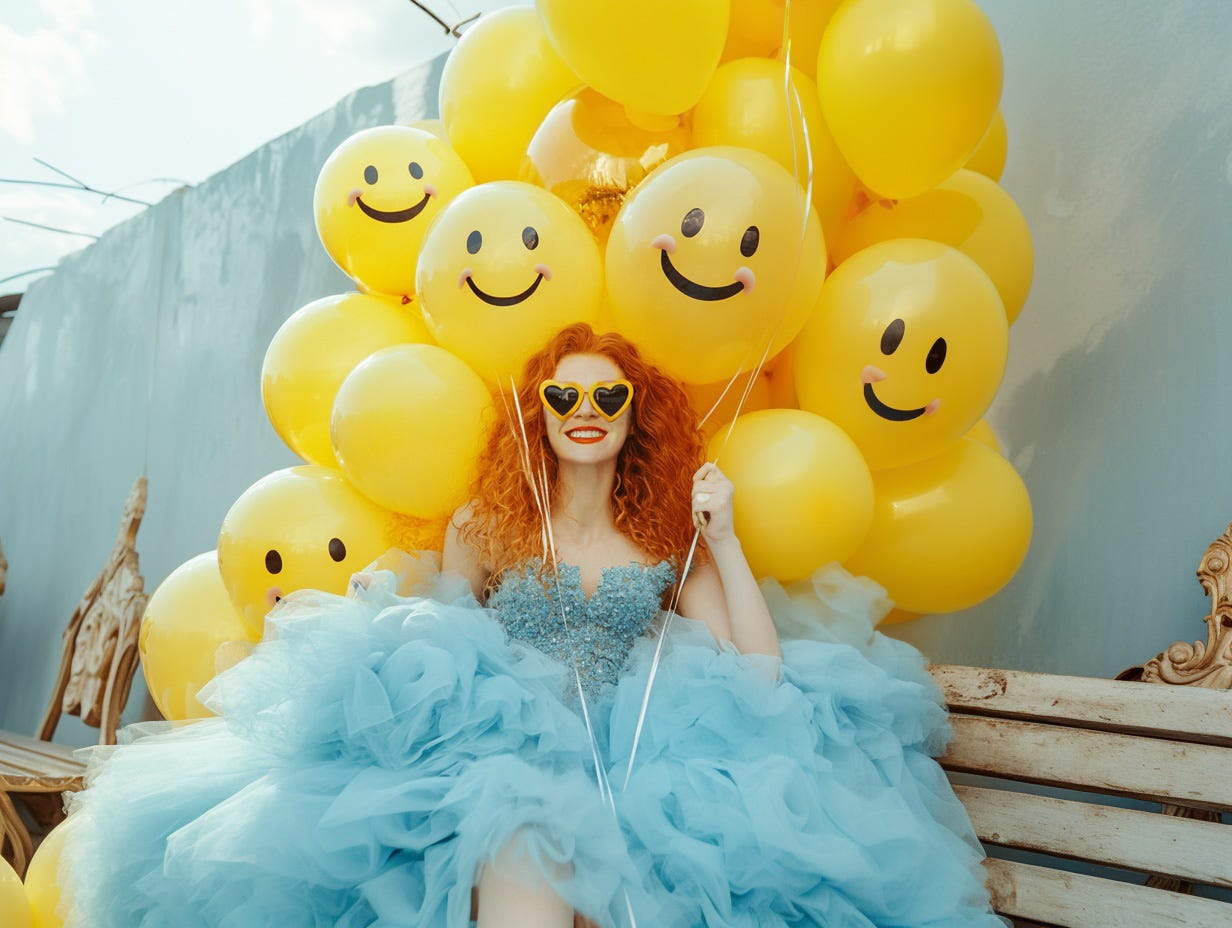 A redheaded women in a blue dress with giant petticoats smiles as she holds yellow balloons because she knows how to be happy in life