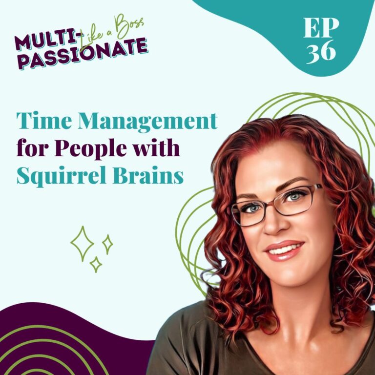 red headed woman with glasses on a light blue background next to the title: Time Management for People with Squirrel Brains