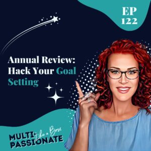 Red headed woman with glasses against a dark blue background next to a title that says: Annual Review: Hack Your Goal Setting