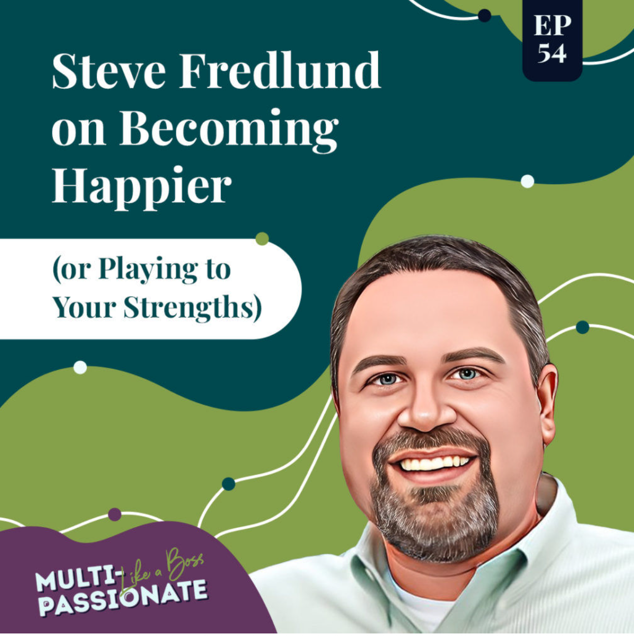 Caucasian man with a salt and pepper goatee on a green background next to a title that reads: Steve Fredlund on Becoming Happier (or Playing to Your Strengths)