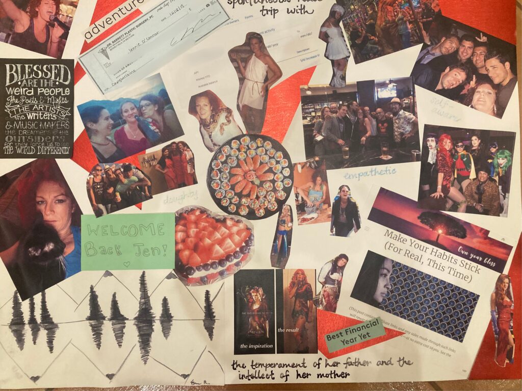 A poster board collage illustrating what is better than a vision board: an accomplishments board