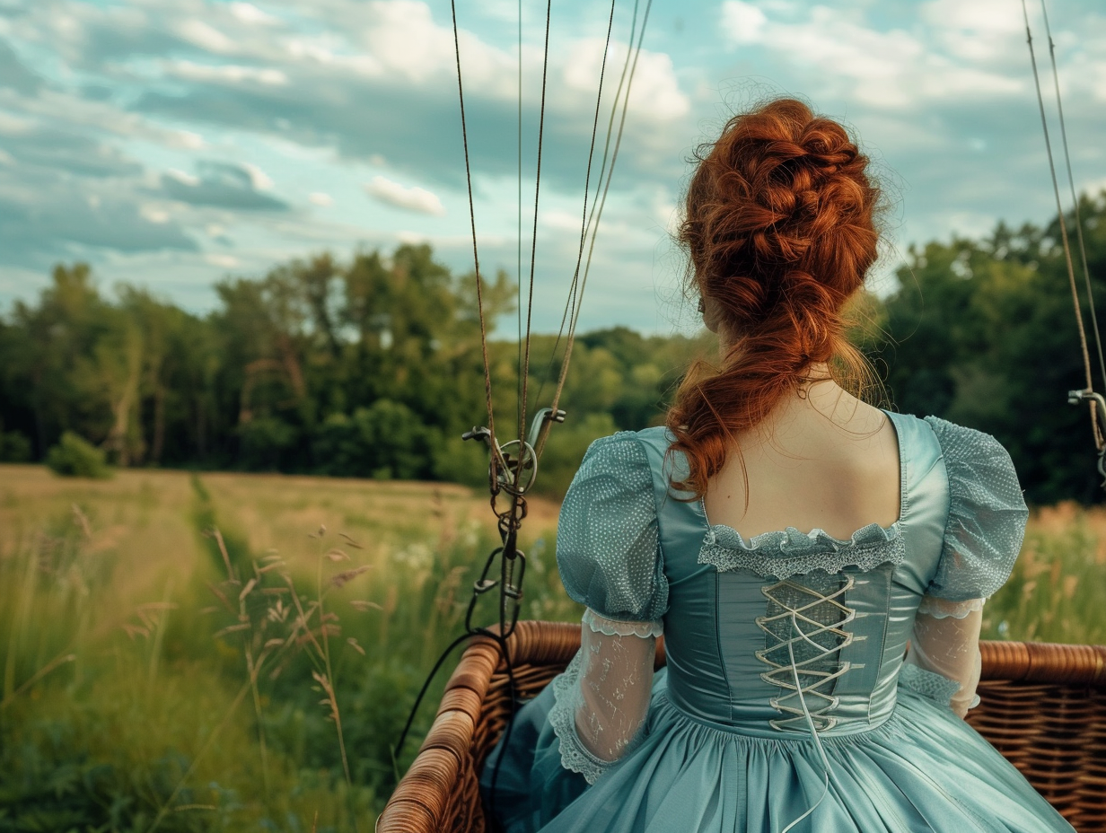 A red head gazes at nature from the basket of a hot air balloon trying to banish the overwhelm feeling