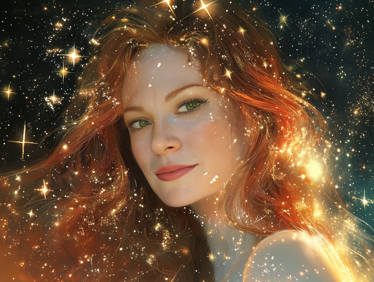 Red headed woman surrounded by stars representing her rebrand as a spiritual entrepreneur