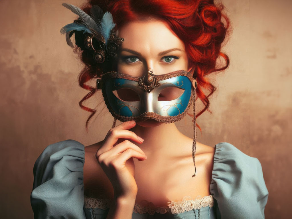Redheaded woman obscuring her face with a silver mask, alluding to the idea of imposter syndrome