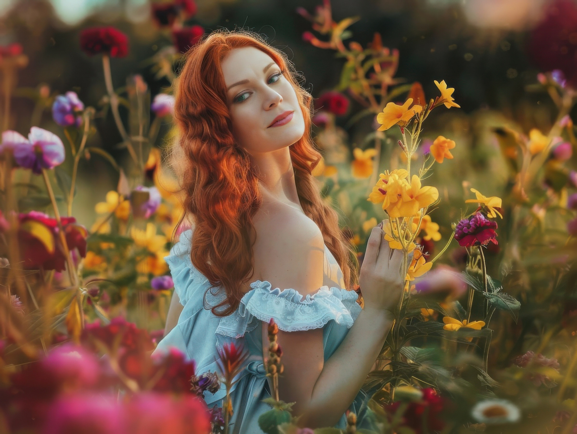 A redheaded woman in a field of flowers looking blissful because she knows how to increase her abundance