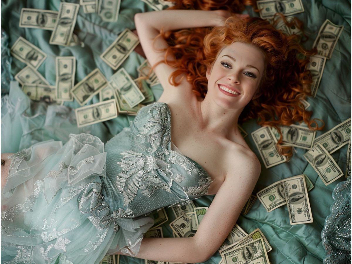 Redheaded woman in a light blue dress lying on a mattress covered in money, representing massive abundance