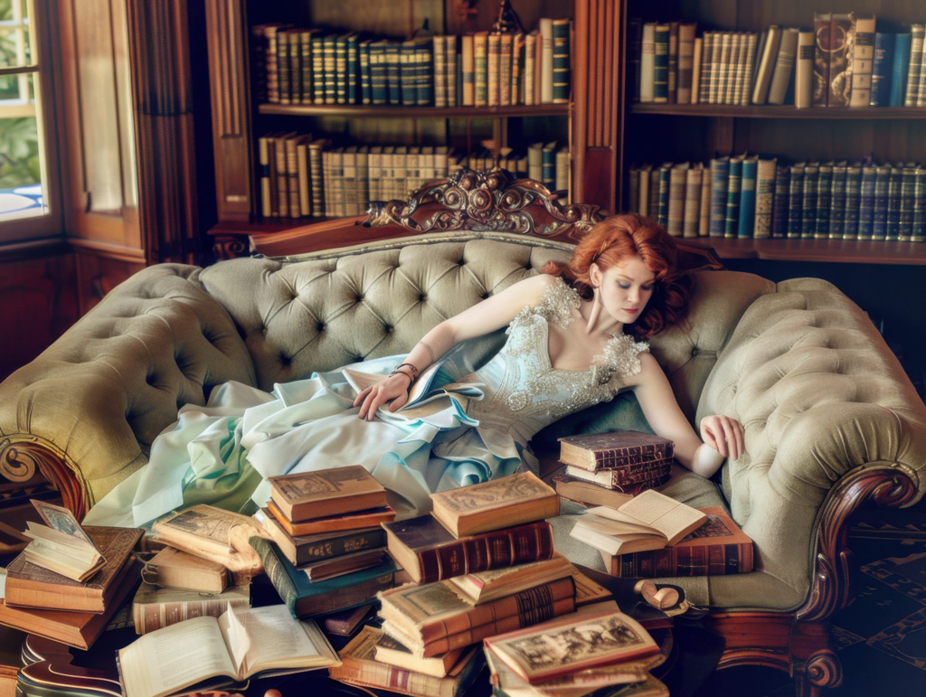 A red head lounging on a sofa in a library reading books about ploymath synonyms