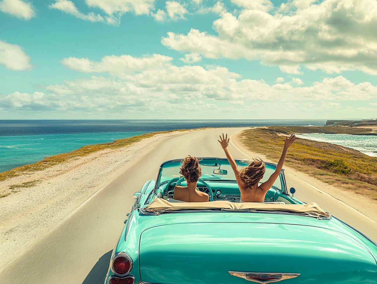 Two women driving a turquoise convertible, feeling the wind in their hair as they give themselves permission to pursue what makes them happy