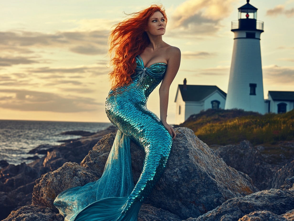 Personal brand photography of a red headed woman as a teal sequined mermaidd