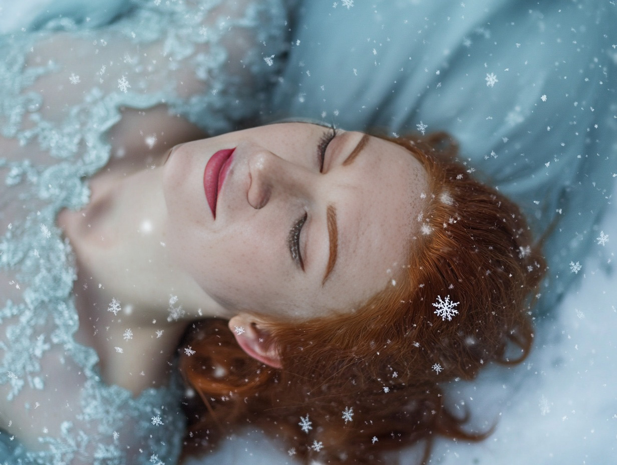 A redheaded woman letting snowflakes fall gently on her face, enjoying the dopamine hit one gets from relaxation