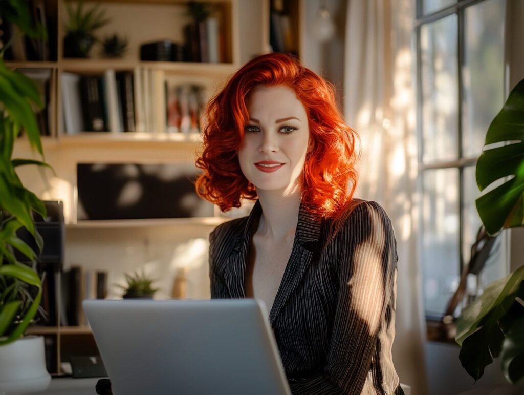 A personal brand image of a red headed female professional sitting in front of a laptop in her home office