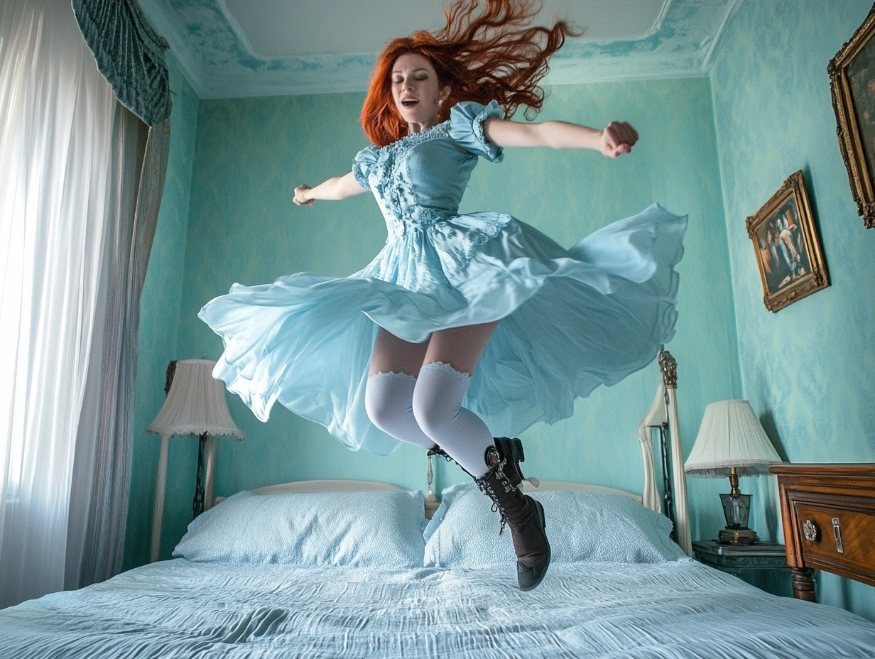 Redheaded woman in a light blue dress enjoying herself as she jumps on the bed