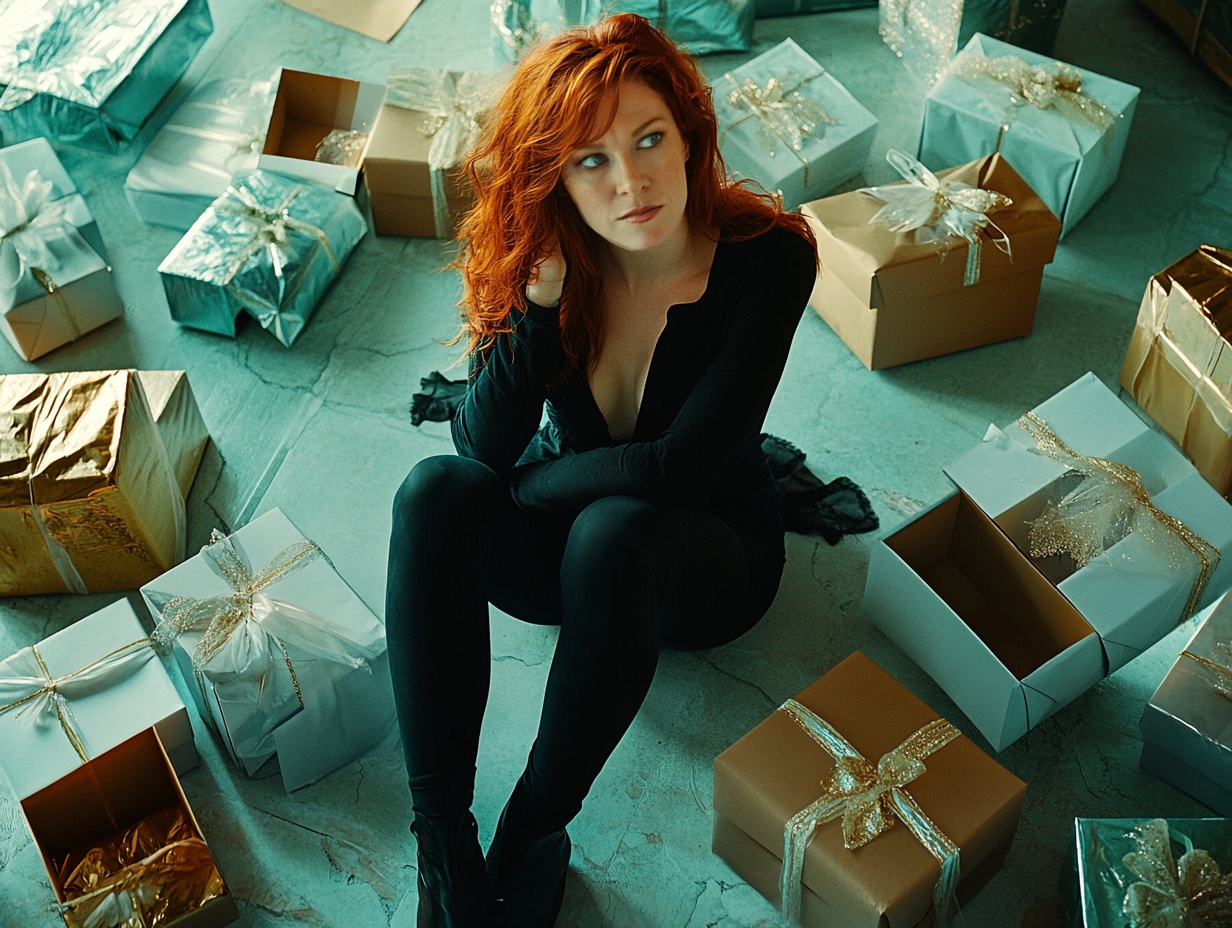 Red headed woman looking put out because she is surrounded by opened gift boxes that are completely empty of gifts.