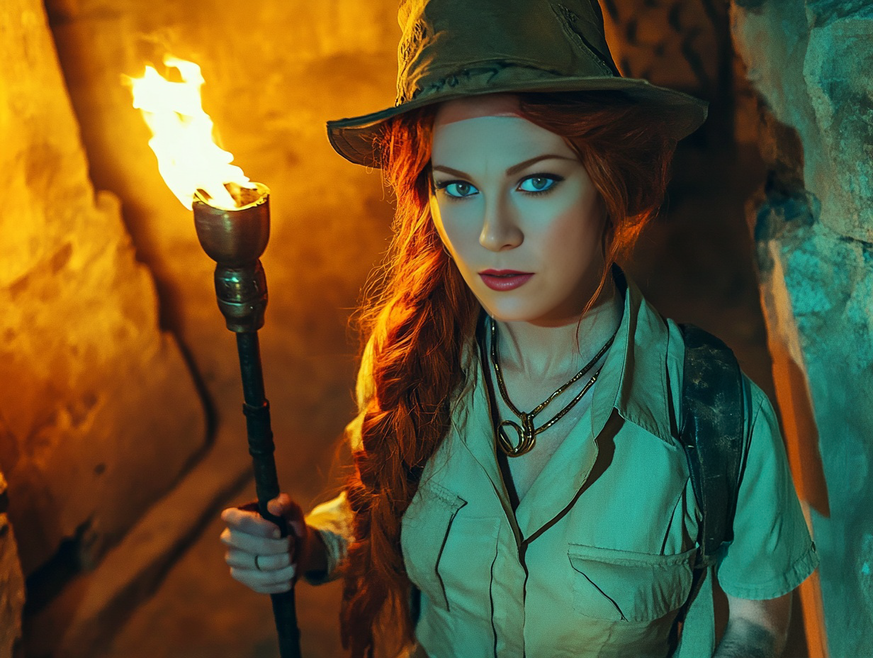 A redheaded female explorer carries a torch through a tunnel