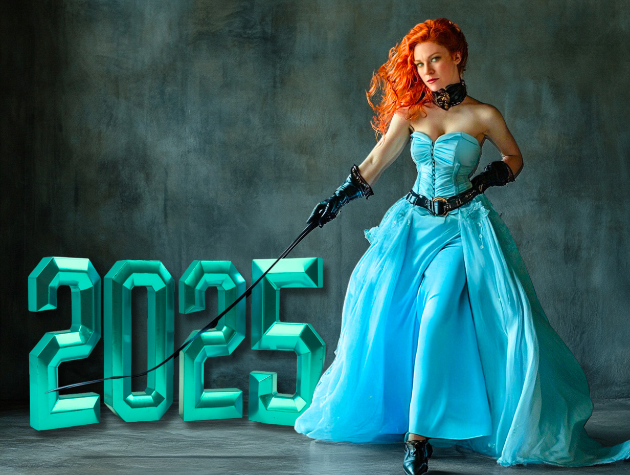 a redhead in a light blue dress cracks a whip at a 3D sign saying "2025"