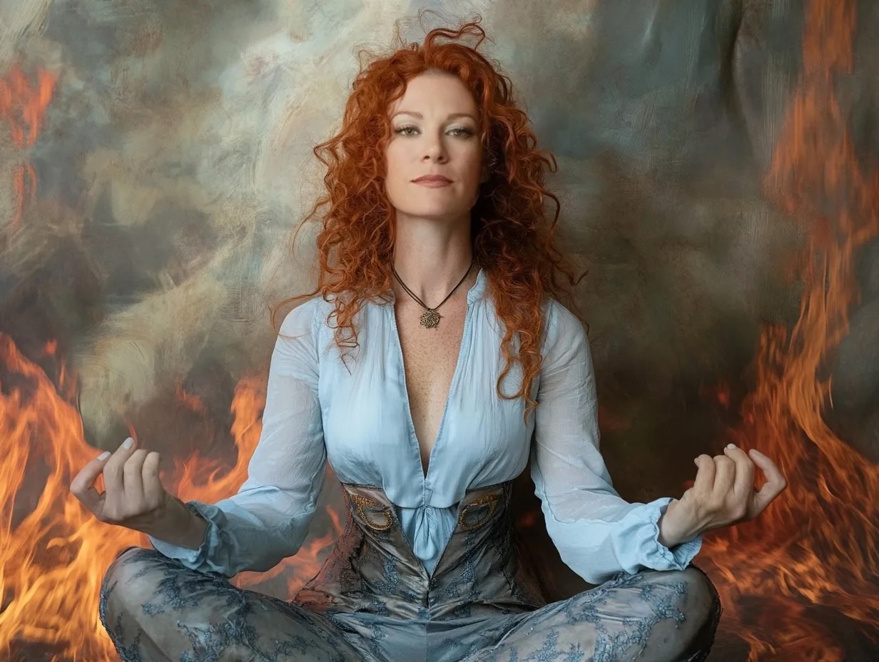 A red headed woman with curly hair meditating while surrounded by flames