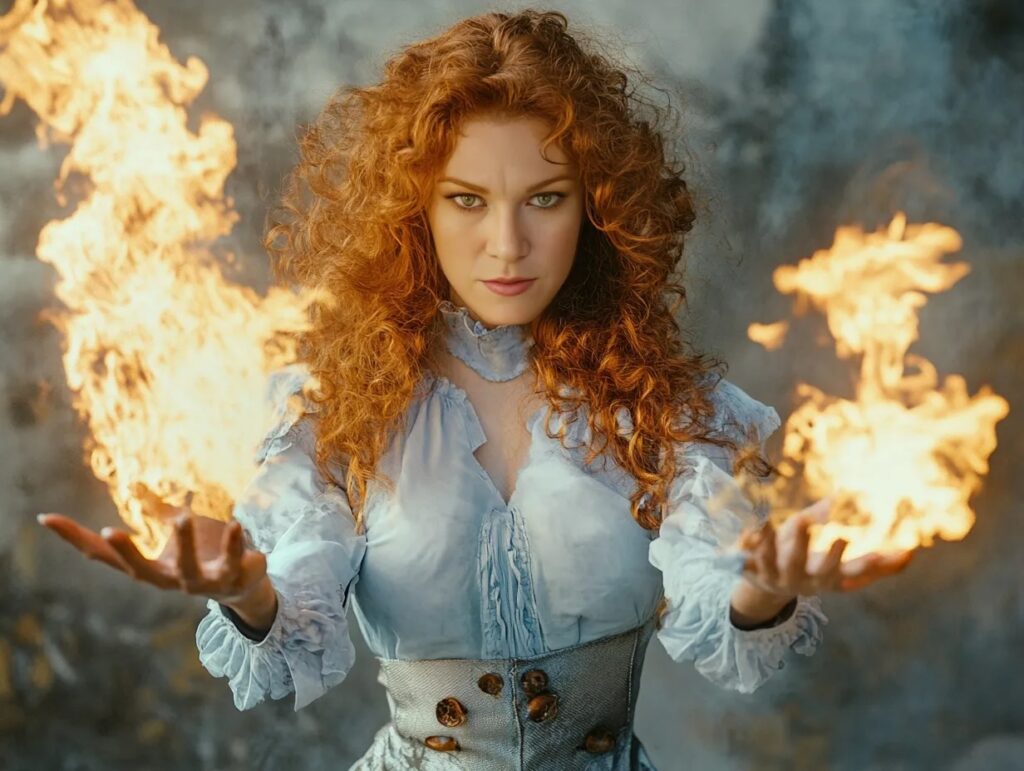 Woman with curly red hair wielding flames from her palms