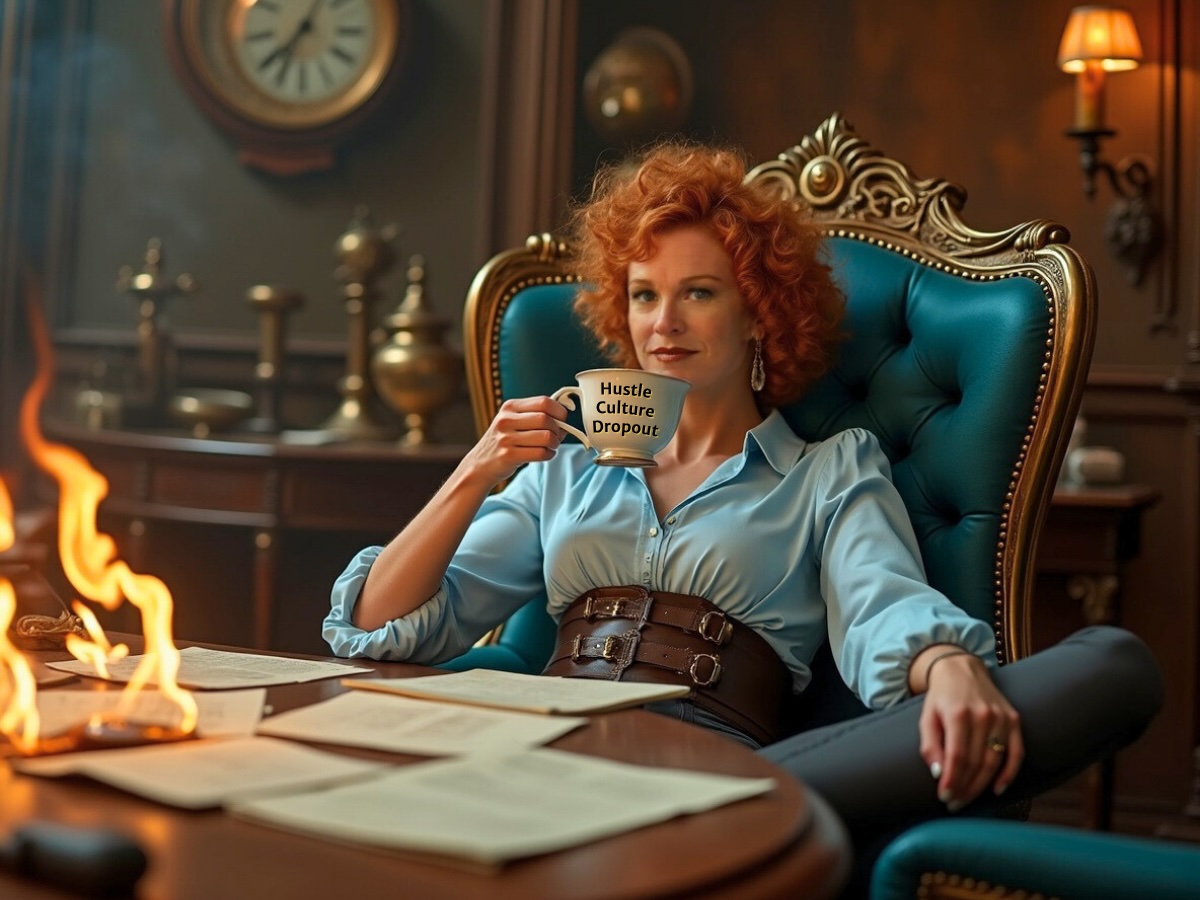 A confident woman with red hair lounges in a lavish office chair, sipping from a mug labeled "Hustle Culture Dropout" while papers burn on the desk in front of her. The image is a bold, satirical take on toxic productivity, symbolizing a rejection of burnout culture in favor of empowered ease and rebellion against nonstop hustle.