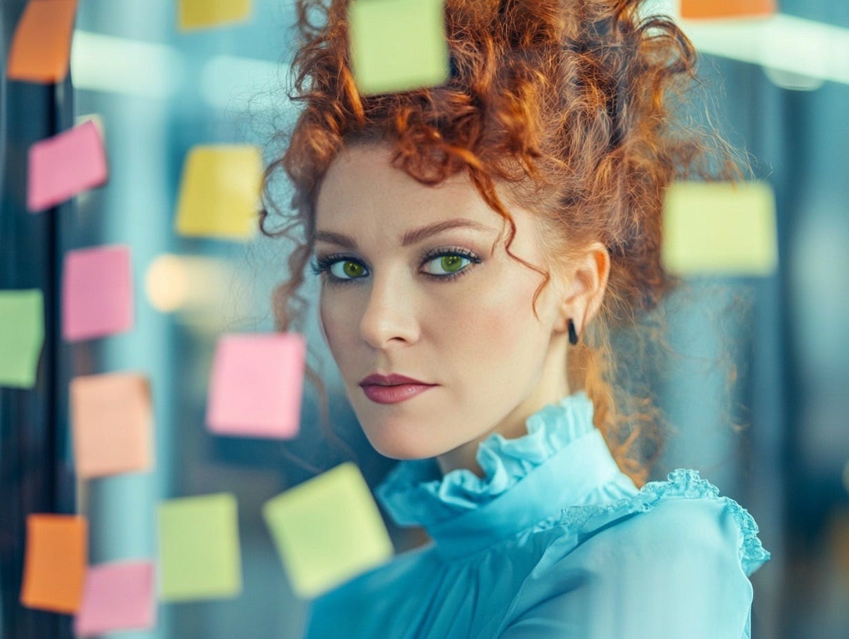 A surreal digital collage depicting the chaos of productivity culture: a woman with a stoic expression sits at the center, surrounded by sticky notes, swirling around her in a colorful, overstimulating vortex that illustrates the overwhelm and pressure of constant achievement.