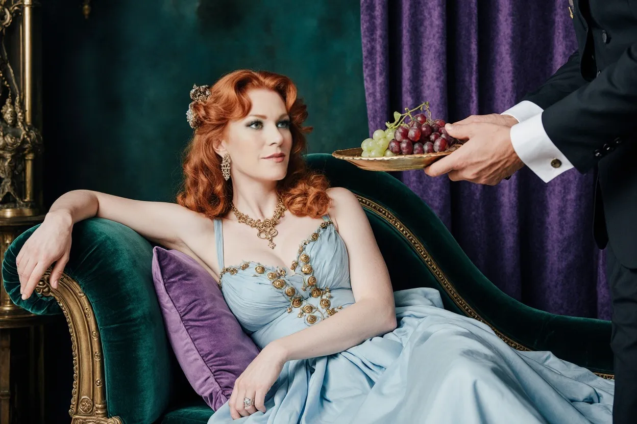 A glamorous red-haired woman in an ornate blue gown lounges regally on a green velvet chaise, holding a purple pillow. A man in formal attire offers her a golden plate of grapes, enhancing the luxurious, aristocratic vibe.