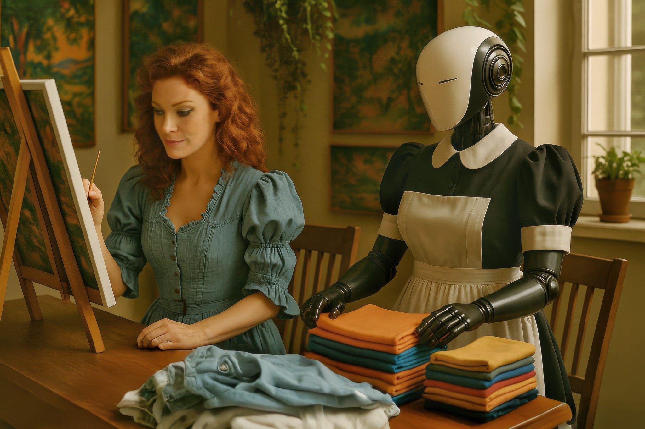 A woman paints at a wooden table while a humanoid robot in a maid uniform neatly folds stacked clothes beside her. The scene contrasts human creativity with mechanical assistance in a calm, sunlit domestic setting.