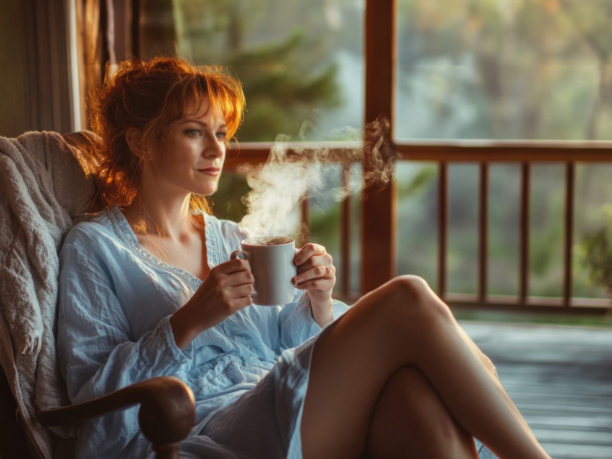 A woman sits in a cushioned wooden chair by an open window, holding a steaming mug and gazing outside in warm golden light. The setting feels calm and reflective.