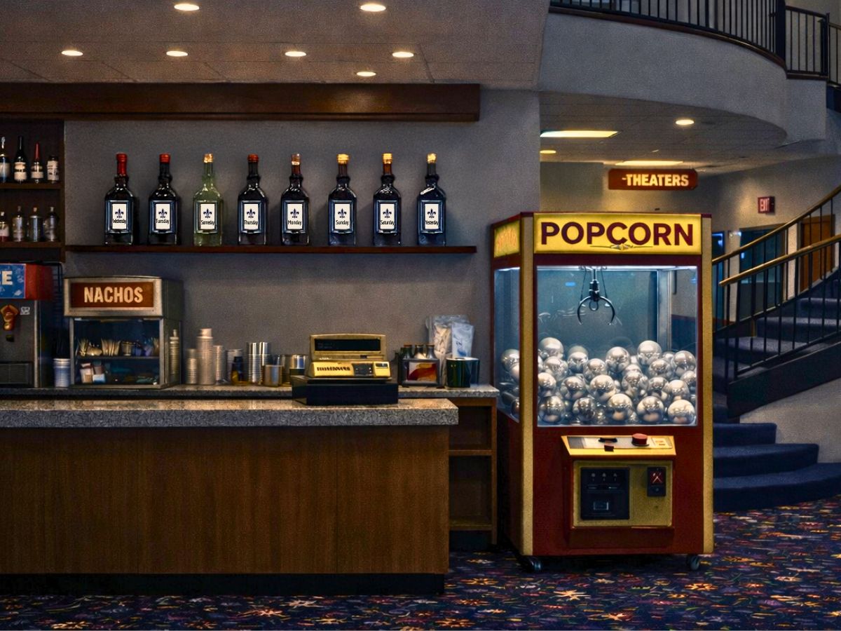 A movie theater concession stand is shown with a nacho station and a brightly lit popcorn machine filled with metallic balls like a claw game. A staircase and “THEATERS” sign are visible in the background.