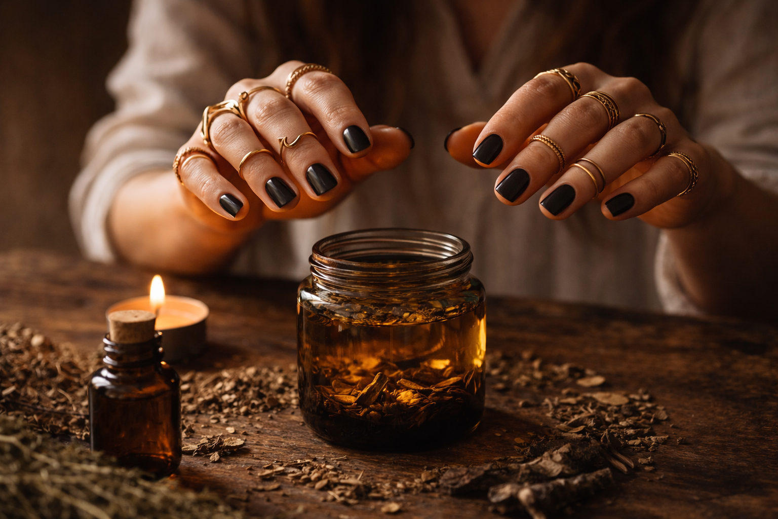 Hands adorned with gold rings and black nail polish hovering over an open glass jar filled with dried herbs and golden oil, surrounded by scattered botanicals, a small amber bottle, and a lit candle on a wooden surface.