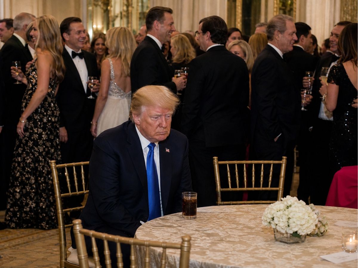 Donald Trump sits alone at a round banquet table, looking down at a glass of dark soda, while a crowd of formally dressed guests in tuxedos and gowns socialize and laugh behind him, champagne glasses in hand. He appears isolated despite being surrounded by people.